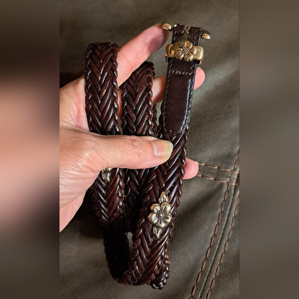 Ladies Brighton Braided Leather Floral-Accent Women's Belt - Dark Brown